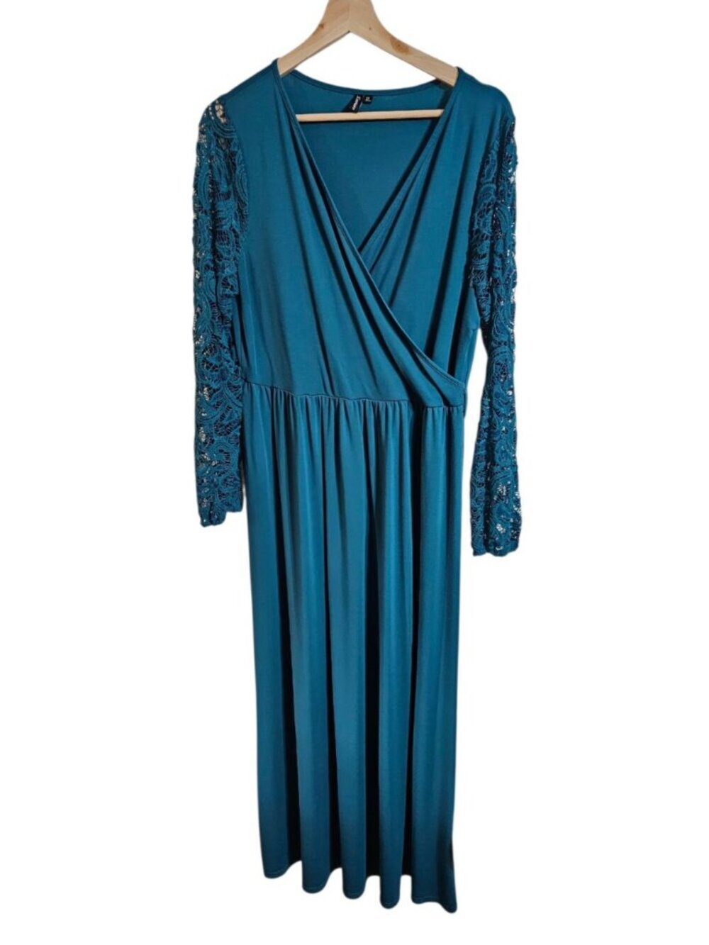 Zattcas Womens XL Maxi Dress Teal Long Sleeve Lace Boho Statement Elegant Gown - Picture 2 of 8